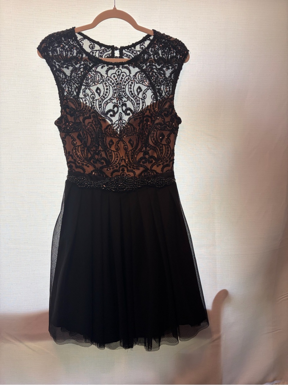 Black Lace Beaded Waist A-Line Prom Dress say yes to the dress